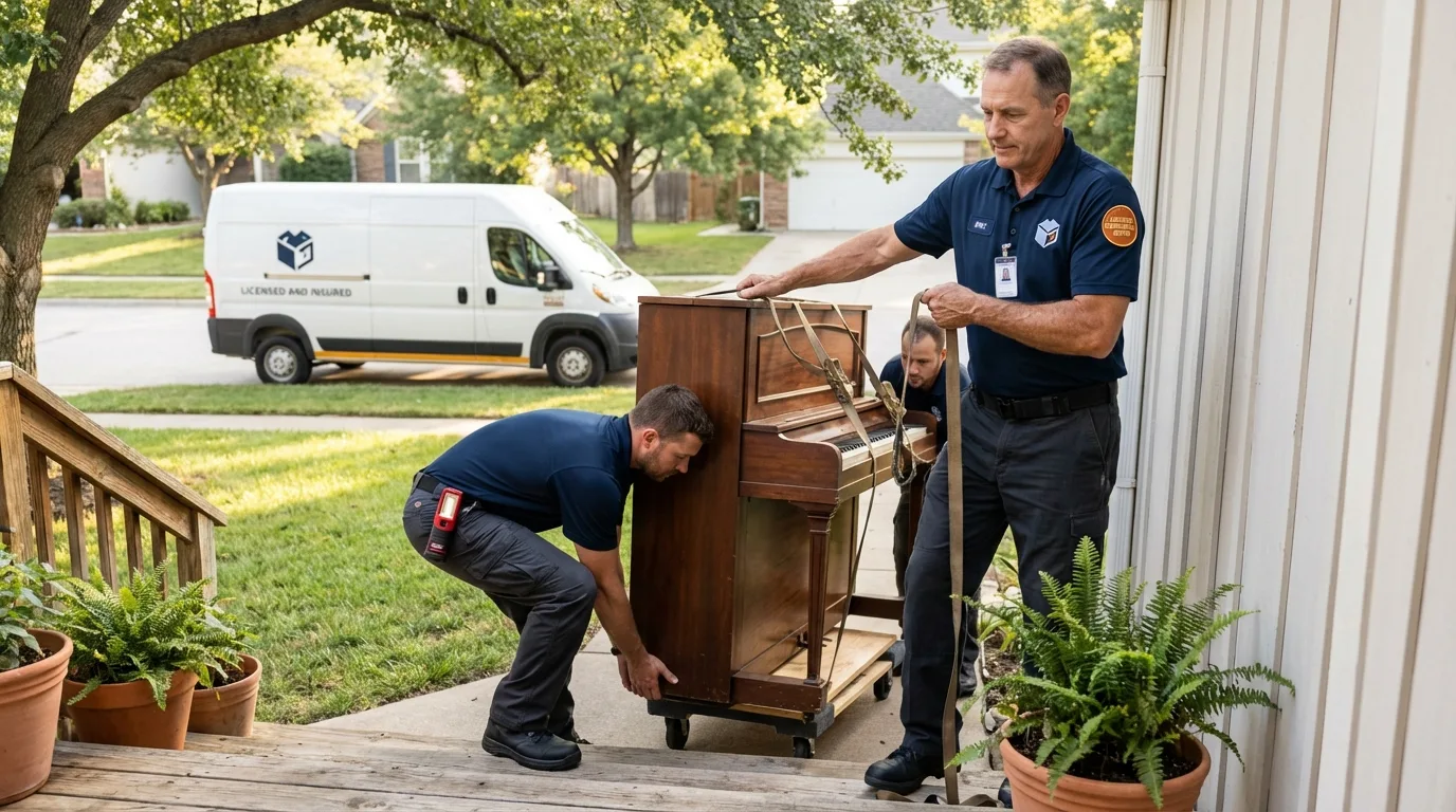 Licensed piano movers securing grand piano in Wedgefield, SC