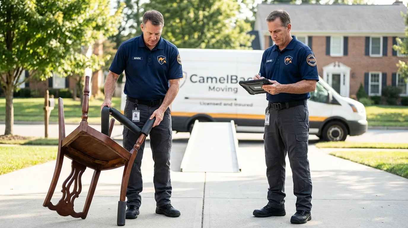 Movers inspecting furniture for damage prevention before loading in Wedgefield, SC