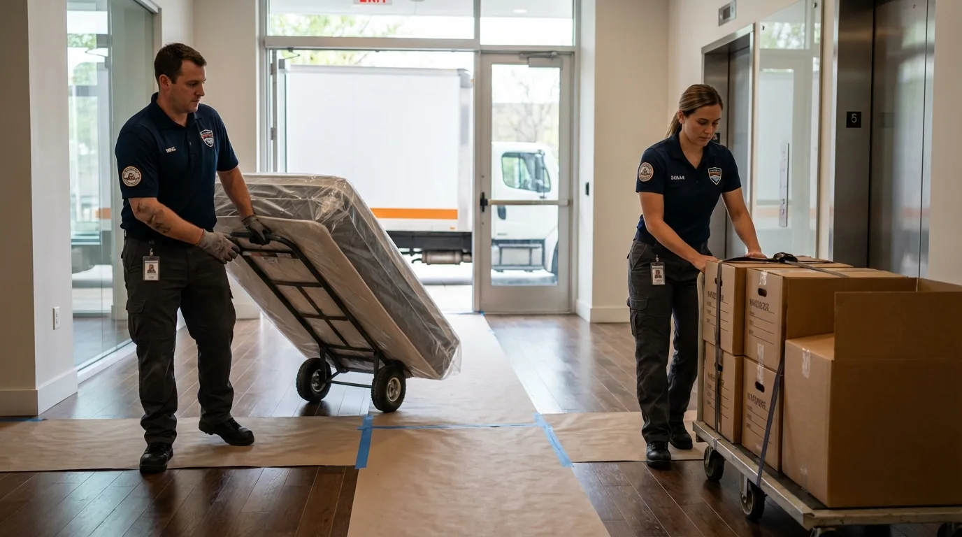 Professional apartment movers loading elevator in Wedgefield, SC